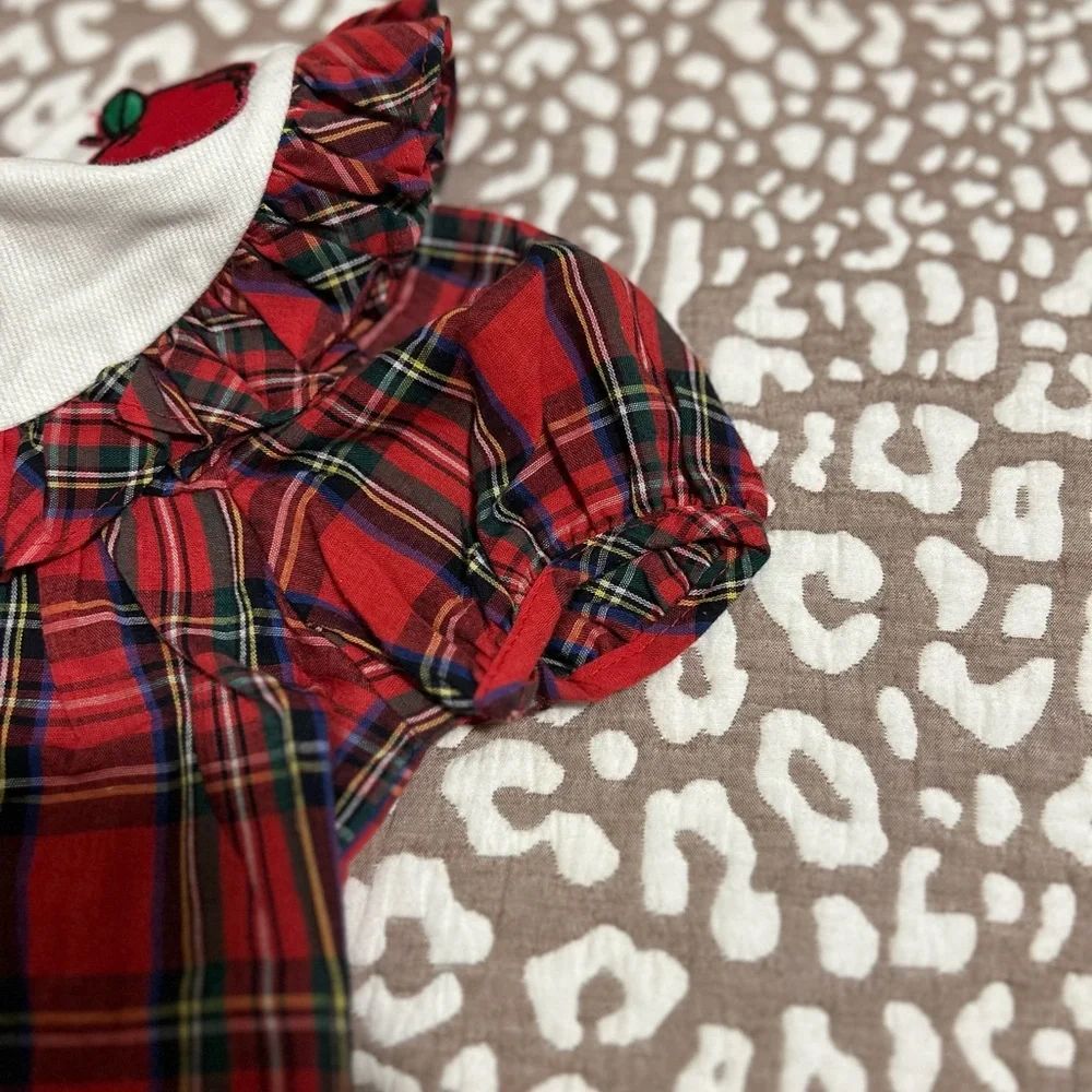 Rare‎ Editions White and Red Plaid Baby Romper with Apple Accent